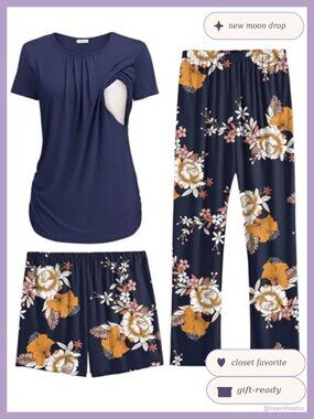 Ekouaer 3 Piece Maternity Nursing Pajama Set Breastfeeding Pjs